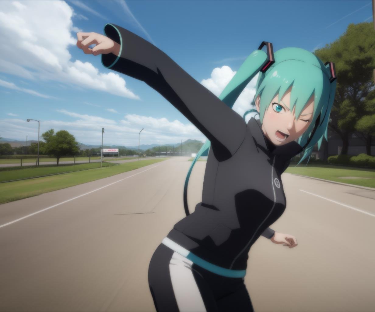 cgi,solo,long sleeves,1girl,hatsune miku,outdoors,parody,ninja,forehead protector,konohagakure symbol,fight,motion lines,<lora:NSUNS4-10:1>,