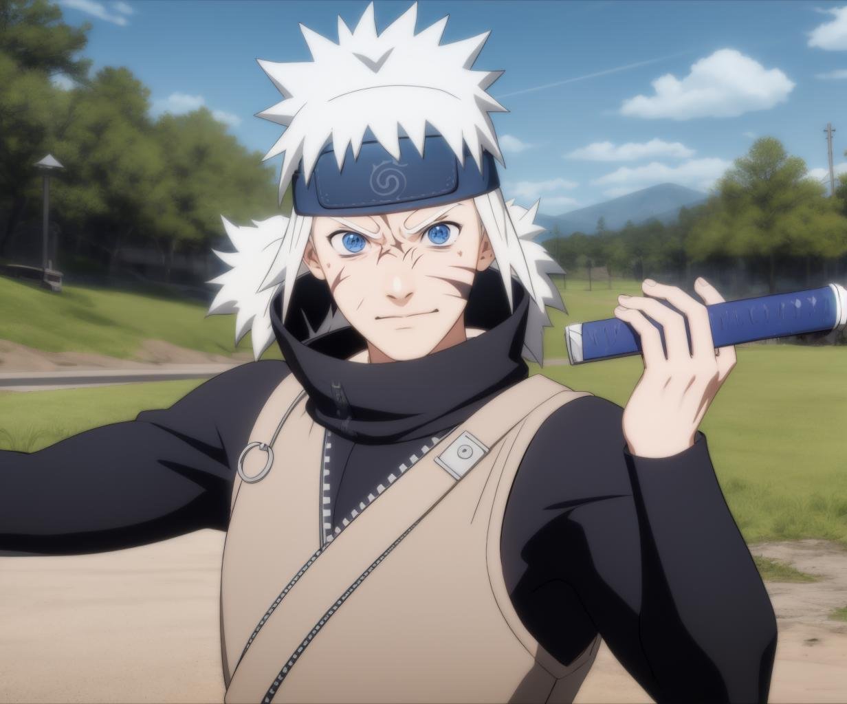 cgi,solo,long sleeves,1boy,holding,upper body,weapon,white hair,male focus,outdoors,sky,day,blue sky,fur trim,mask,scar,parody,ninja,forehead protector,kunai,konohagakure symbol,<lora:NSUNS4-10:1>,