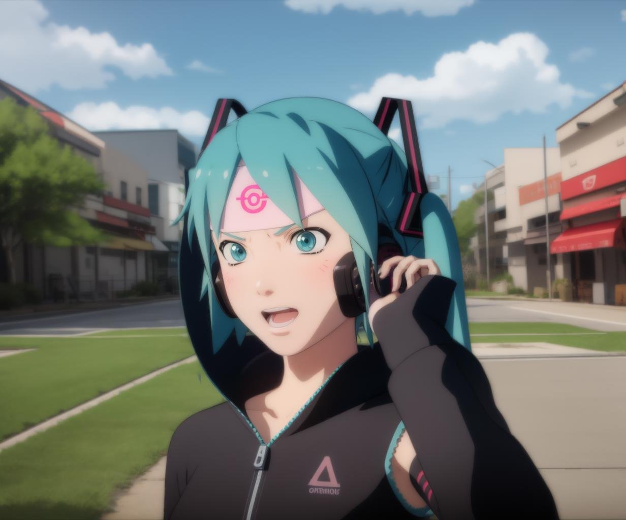 cgi,solo,long sleeves,1girl,hatsune miku,upper body,outdoors,parody,ninja,forehead protector,konohagakure symbol,<lora:NSUNS4-10:1>,