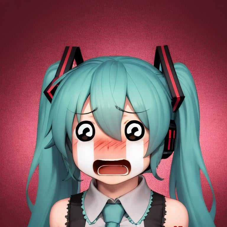 tears,crying,blush,parody,1girl,hatsune miku,open mouth,d:,black eyes,sad,upper body,solo,<lora:marisad_concept-10:1>,