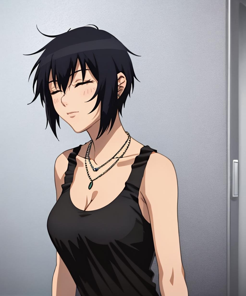 1girl,solo,short hair,black hair,cleavage,jewelry,closed eyes,necklace,tank top,upper body,<lora:full_metal_panic-06:1>,