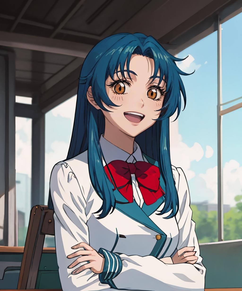 1girl,solo,long hair,smile,open mouth,long sleeves,brown eyes,school uniform,blue hair,<lora:full_metal_panic-06:1>,