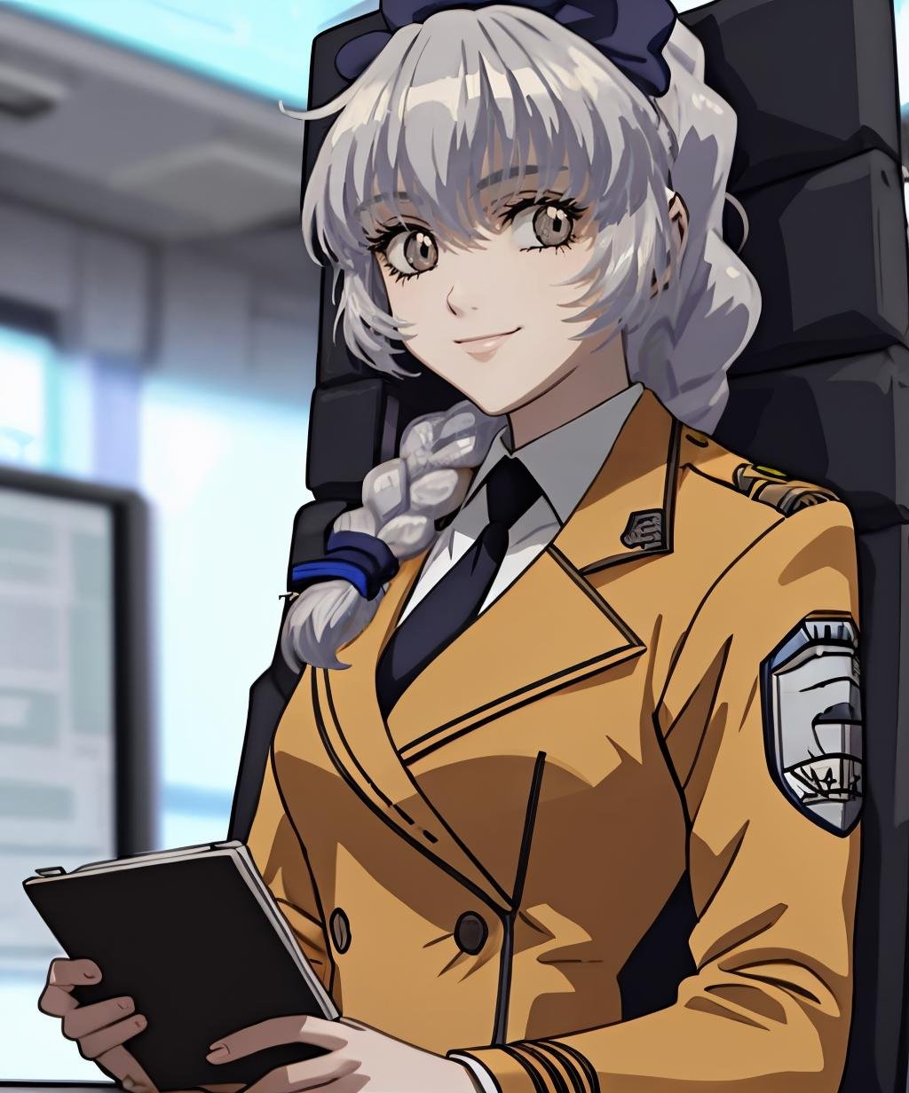 1girl,solo,long hair,looking at viewer,smile,shirt,sitting,jacket,braid,grey hair,necktie,uniform,grey eyes,military,single braid,military uniform,hair over shoulder,black necktie,braided ponytail,brown jacket,emblem,anime coloring,<lora:full_metal_panic-06:1>,