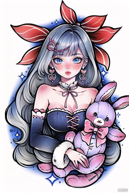  qzcsws, 1girl, stuffed toy, stuffed animal, solo, long hair, stuffed bunny, jewelry, hair ornament, bow, earrings, ribbon, holding stuffed toy, blue eyes, grey hair, heart, breasts, looking at viewer, detached sleeves, striped, white background, upper body, holding, blush, beads, pink bow, bangs