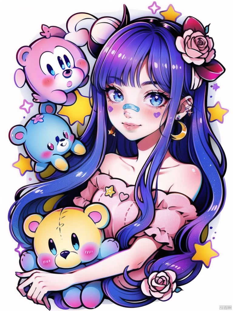  qzcsws, 1girl, animal ears, flower, stuffed toy, bandaid, kirby, hair ornament, stuffed animal, star \(symbol\), purple hair, hair flower, shirt, white background, horns, crescent, bandaid on face, bandaid on nose, blue eyes, long hair, bangs, simple background, rose, smile, earrings, teddy bear, looking at viewer, jewelry, pink shirt, blush, off shoulder, solo, upper body, collar, holding, pink skin, pink flower