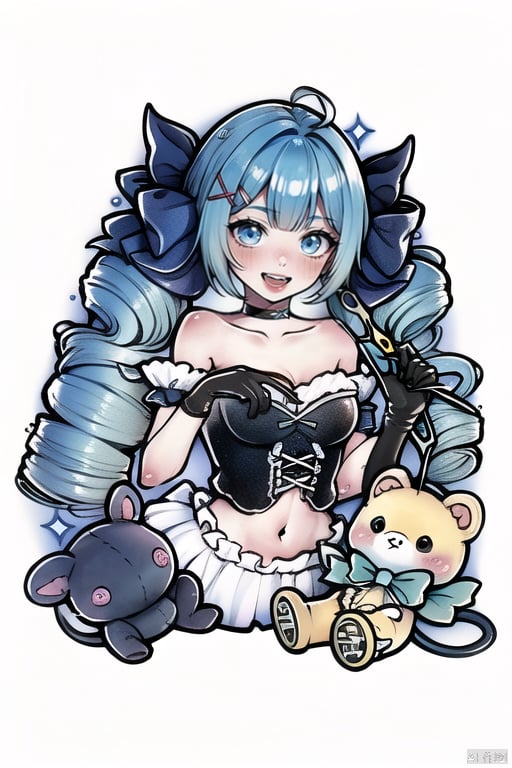  qzcsws, 1girl, long hair, twin drills, bangs, drill hair, bow, ahoge, black bow, blush, holding, twintails, solo, hair bow, grey dress, gloves, scissors, dress, bare shoulders, teeth, upper teeth only, oversized object, black gloves, stuffed toy, shiny hair, smile, hair ornament, stuffed animal, open mouth, simple background, puffy short sleeves, holding scissors, shiny, collarbone, puffy sleeves, short sleeves, x hair ornament, blue hair, black dress, green eyes, navel, white background, blue eyes, :d, looking at viewer, strapless, frills, detached sleeves, green hair