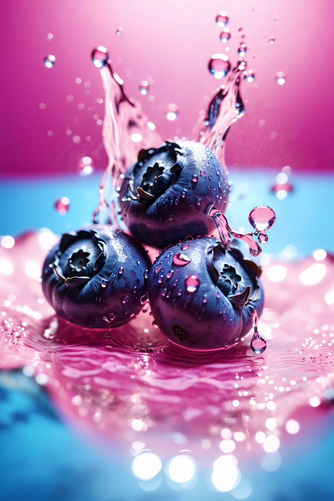 refreshing, vibrant glowing 3 blueberries, floating in the water, macro photography, dew drops, pink lighting, glitters in the water, refreshing , in the style of a product hero shot in motion, dynamic magazine ad image, photorealism, flowing water background, sunshine, sparkling in the water
