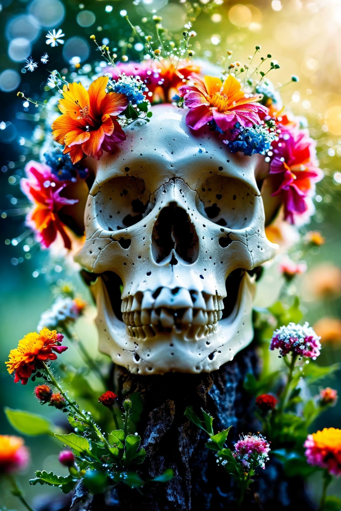 Macro photopgraphy, skull with an explosion of flowers, bokeh, hd, best quality