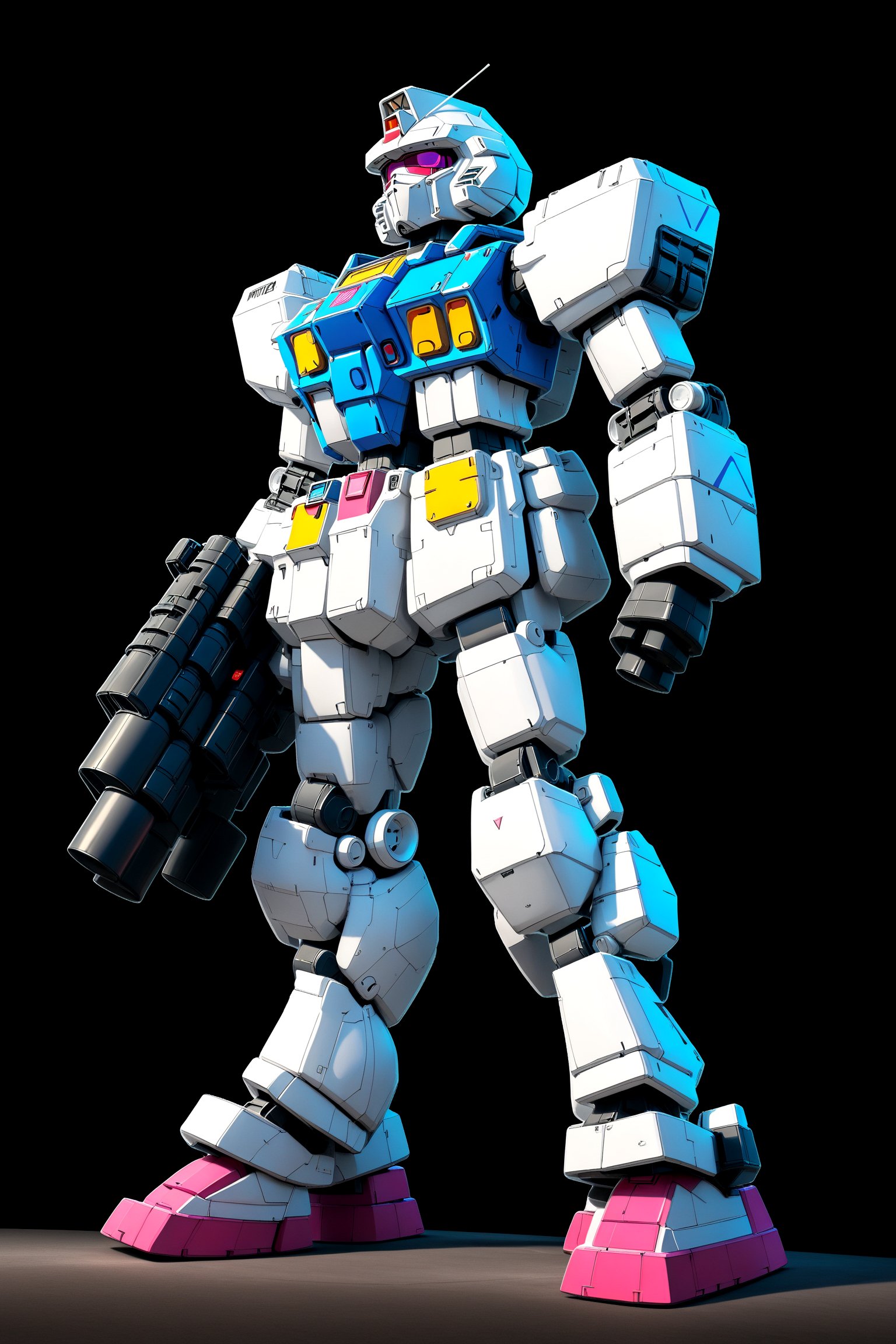 Vaporwave aesthetic, RX-78GP02A standing in front of pyramids, shield, bazooka, highly realistic, black background,Gundam head