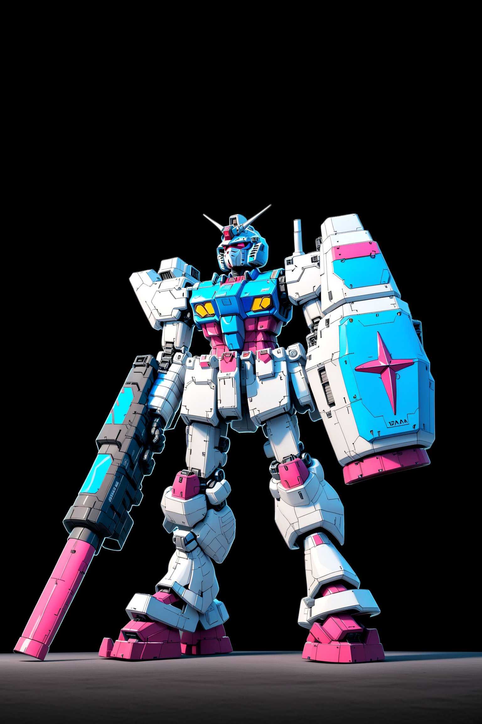 Vaporwave aesthetic, RX-78GP02A Gundam.Vidar standing in front of pyramids, shield, bazooka, highly realistic, black background,Gundam head,grandpas.Gundam