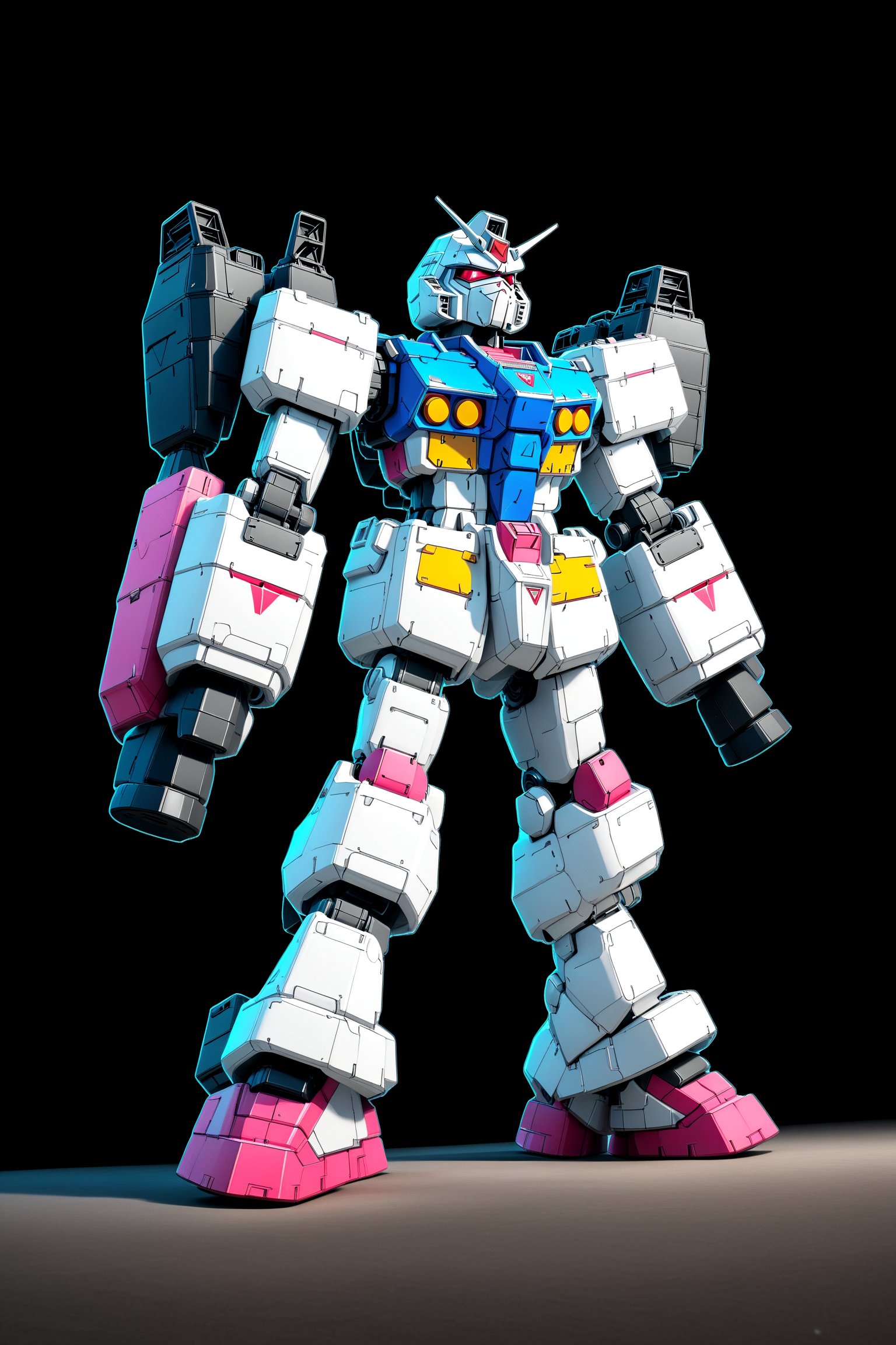 Vaporwave aesthetic, RX-78GP02A standing in front of pyramids, shield, bazooka, highly realistic, black background,Gundam head