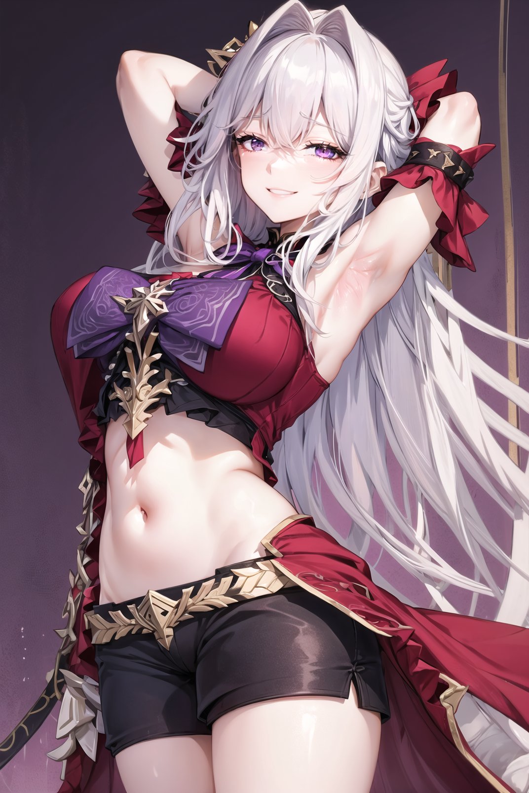 masterpiece, best quality, 1girl,  thelema, dress, purple ribbon, purple bow, red dress, purple dress,  center opening, (black:1.1) micro shorts, midriff, stomach, long hair, white hair, hair intakes, huge breasts, arm up, arm behind head, hand on own chest,  armpit, armpit crease, cowboy shot,  from below, shaded face, <lora:thelema_hi3_v1:0.8> , <lora:sensualface_type4:1>, light smile, sadistic, purple background, indoors, <lora:add_detail:0.4>, nice hands, perfect hands, <lora:GoodHands-beta2:1>