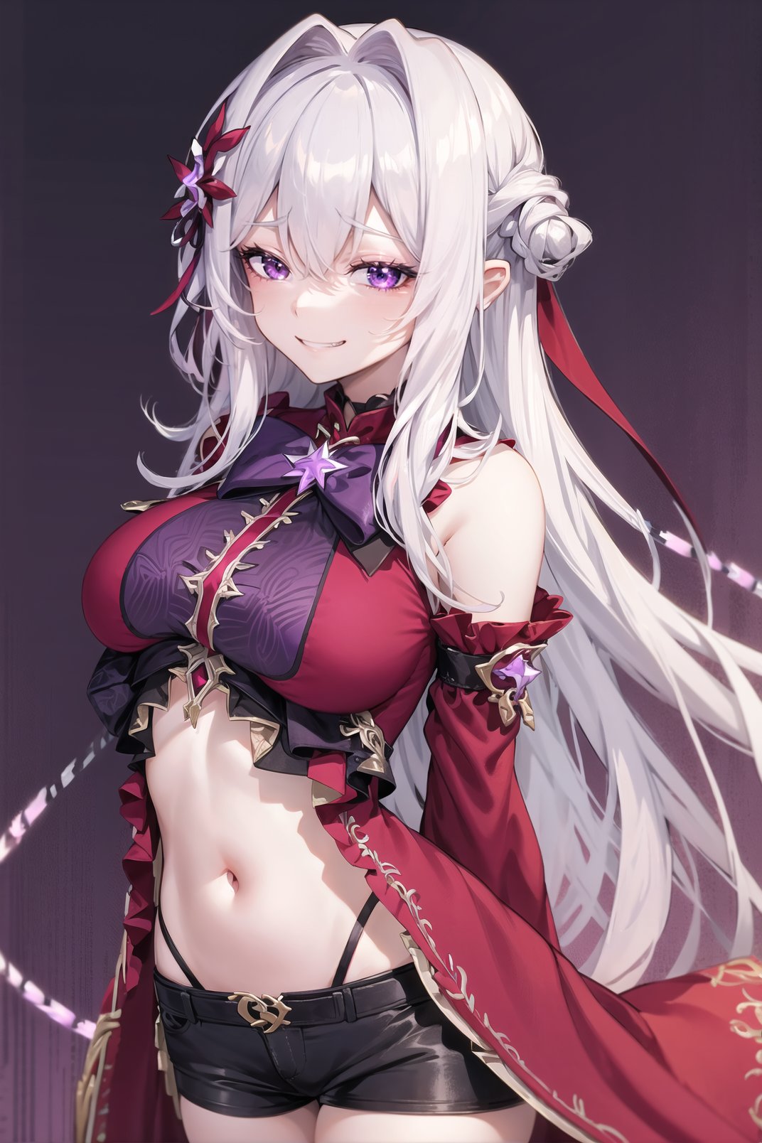 masterpiece, best quality, 1girl,  thelema, dress, purple ribbon, purple bow, red dress, purple dress,  center opening, (black:1.1) micro shorts, midriff, stomach, long hair, white hair, hair intakes, huge breasts, (arms behind back:1.1),cowboy shot, <lora:thelema_hi3_v1:0.8> , <lora:sensualface_type4:1>, light smile, sadistic, purple background,