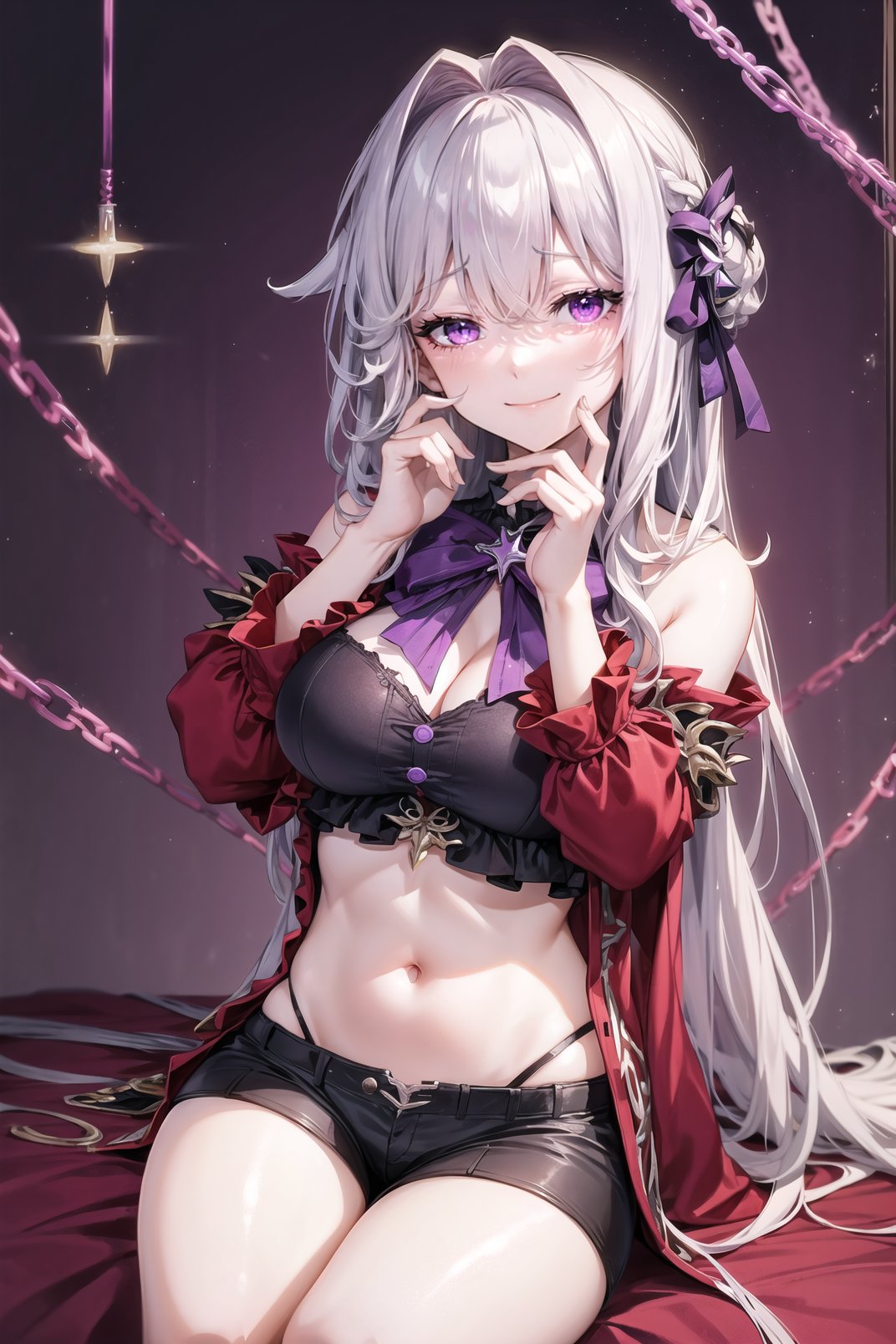 masterpiece, best quality, 1girl,  thelema, dress, purple ribbon, purple bow, red dress, purple dress,  center opening, (black:1.1) micro shorts, midriff, stomach, long hair, white hair, hair intakes, breasts,  huge breasts, (hands on own face:1.1), cowboy shot, sitting,<lora:thelema_hi3_v1:0.8> , <lora:sensualface_type4:1>, light smile, sadistic, purple background, indoors, <lora:add_detail:0.4> 