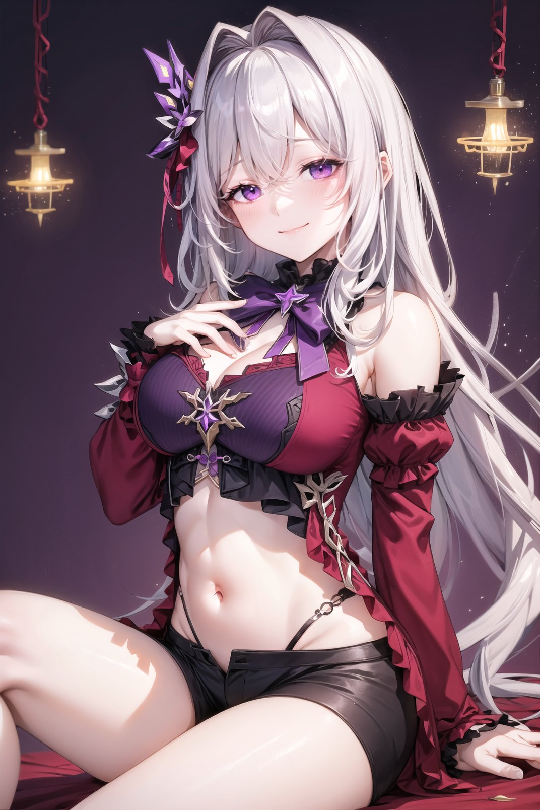 masterpiece, best quality, 1girl,  thelema, dress, purple ribbon, purple bow, red dress, purple dress,  center opening, (black:1.1) micro shorts, midriff, stomach, long hair, white hair, hair intakes, breasts,  huge breasts, hands on own chest, paizuri invitation, cowboy shot, sitting,  from below, shaded face, <lora:thelema_hi3_v1:0.8> , <lora:sensualface_type4:1>, light smile, sadistic, purple background, indoors, <lora:add_detail:0.4> 