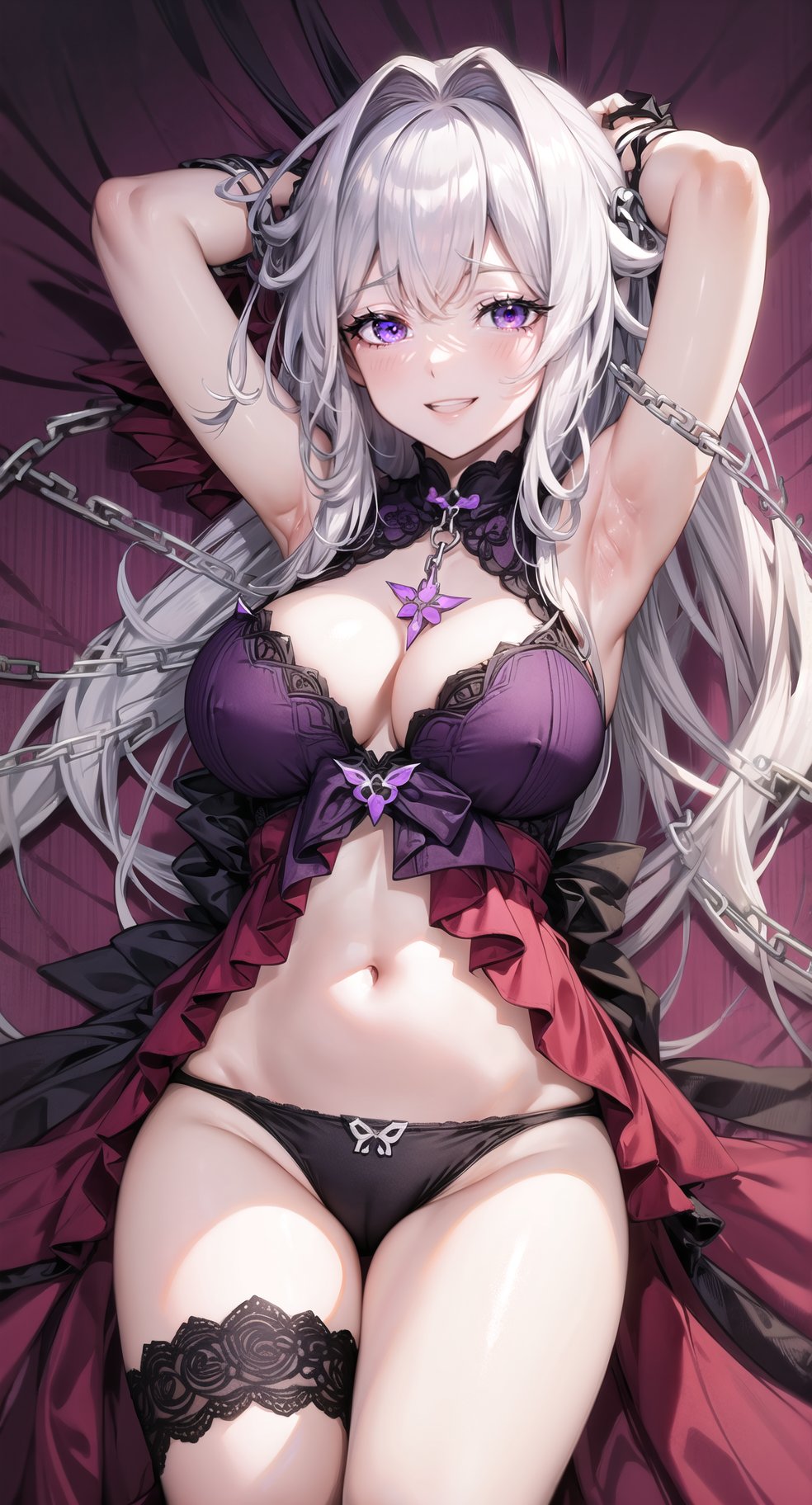 masterpiece, best quality, 1girl,  thelema, purple lingerie, ribbon, midriff, stomach, long hair, white hair,( hair intakes:1.1), breasts,  huge breasts, yandere, (chained:1.1), chain,  arms up, hands up, arms behind head, armpits, (lying, on back:1.2), cowboy shot, thighs, <lora:thelema_hi3_v1:0.8> , <lora:sensualface_type4:1>, open mouth,  smile, sadistic, purple background, abstract background, fabric, <lora:add_detail:0.4> 