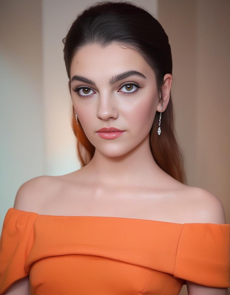 EmilyCarey,<lora:EmilyCareySDXL:1>a pretty woman, dressed in orange dress, half body portrait, nice perfect face with perfect face, hyper realistic concept, 8k resolution, photography quality, posing for a photo, photo realistic