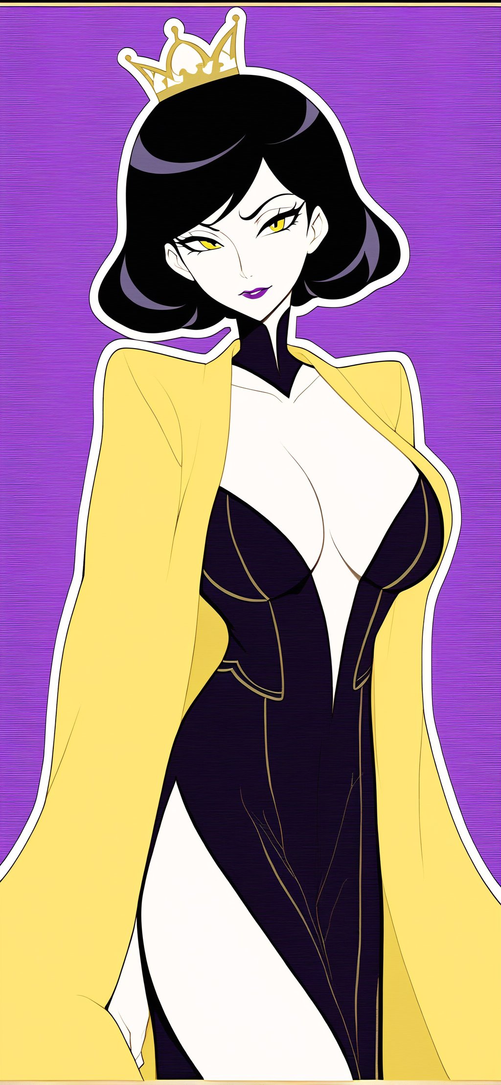 DrMrsTheMonarch from Venture Bros wearing a loose black and yellow bath robe, strong jawline, purple eyeshadow, feminine, hairy, slender, large breasts, full color background of a love hotel,hubgwomen