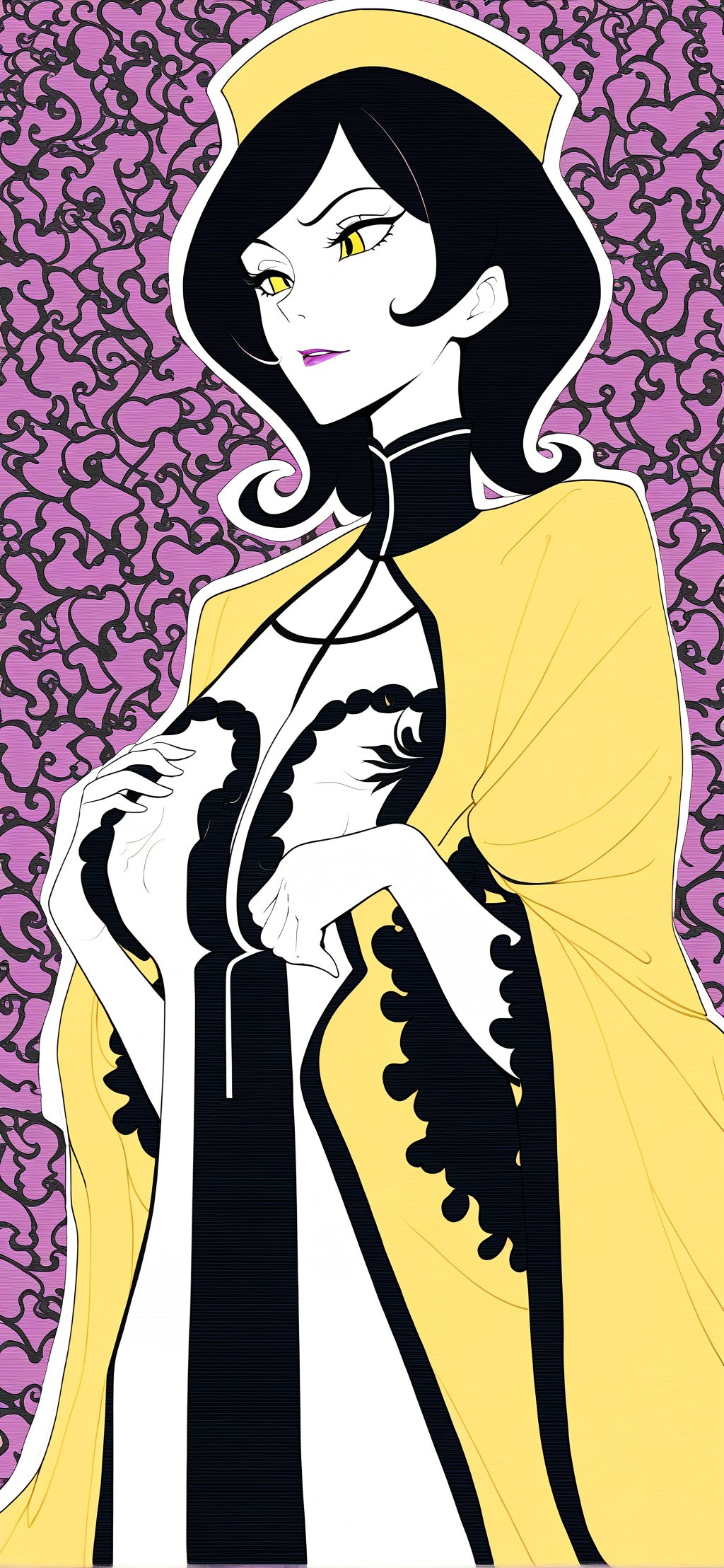 DrMrsTheMonarch from Venture Bros wearing a loose black and yellow bath robe, strong jawline feminine, hairy, slender, large breasts, full color background of a love hotel,hubgwomen