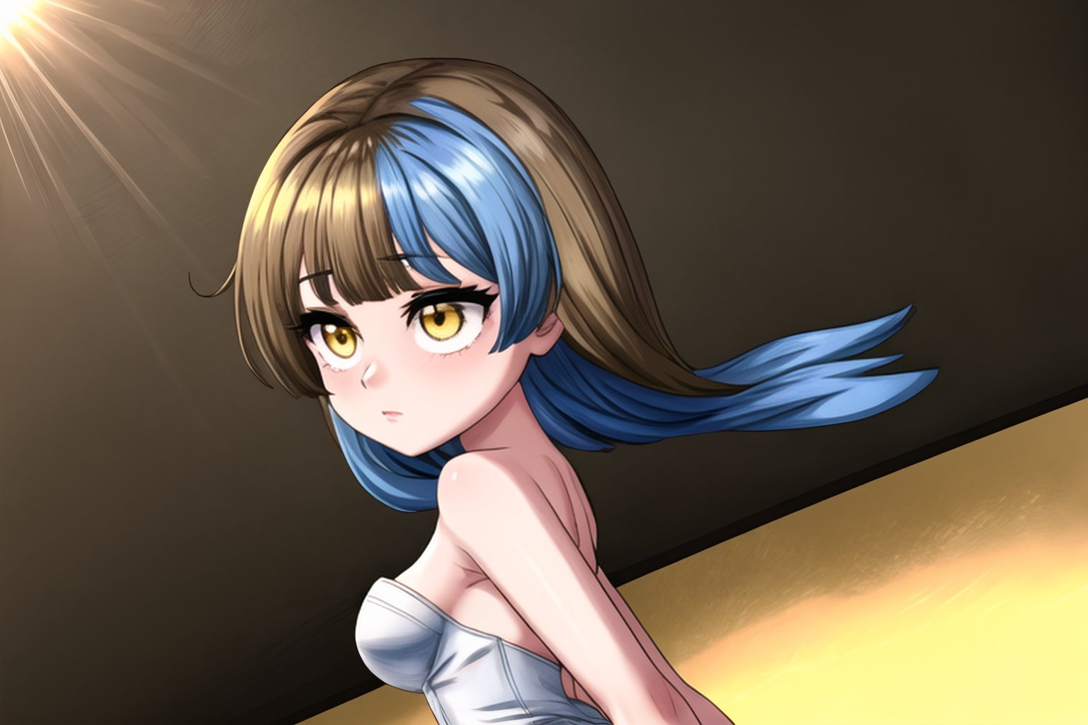 1girl, blonde hair bangs, brown back hair, blue hair, hair of various colors, yellow eyes, walking on a stage, at a nice angle, wind, 
face turning to the camera, detailed, KaZumiMei 