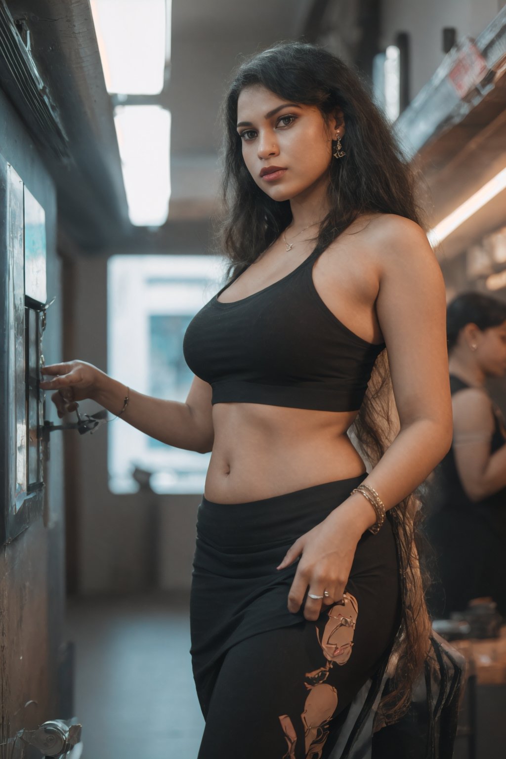 neon, cyberpunk, 1girl, solo, plump:1.5,  sexy pose, long hair, big breasts, looking at viewer, skirt, black hair, hair ornament, navel, bare shoulders, brown eyes, jewelry, standing, earrings, midriff, pants, dark skin, necklace, bracelet, dark-skinned female, lips, crop top, ring, walking, long skirt, realistic, nose, neon lights,Futuristic room,35 years old women,CyberpunkWorld,realism,photorealistic,navel