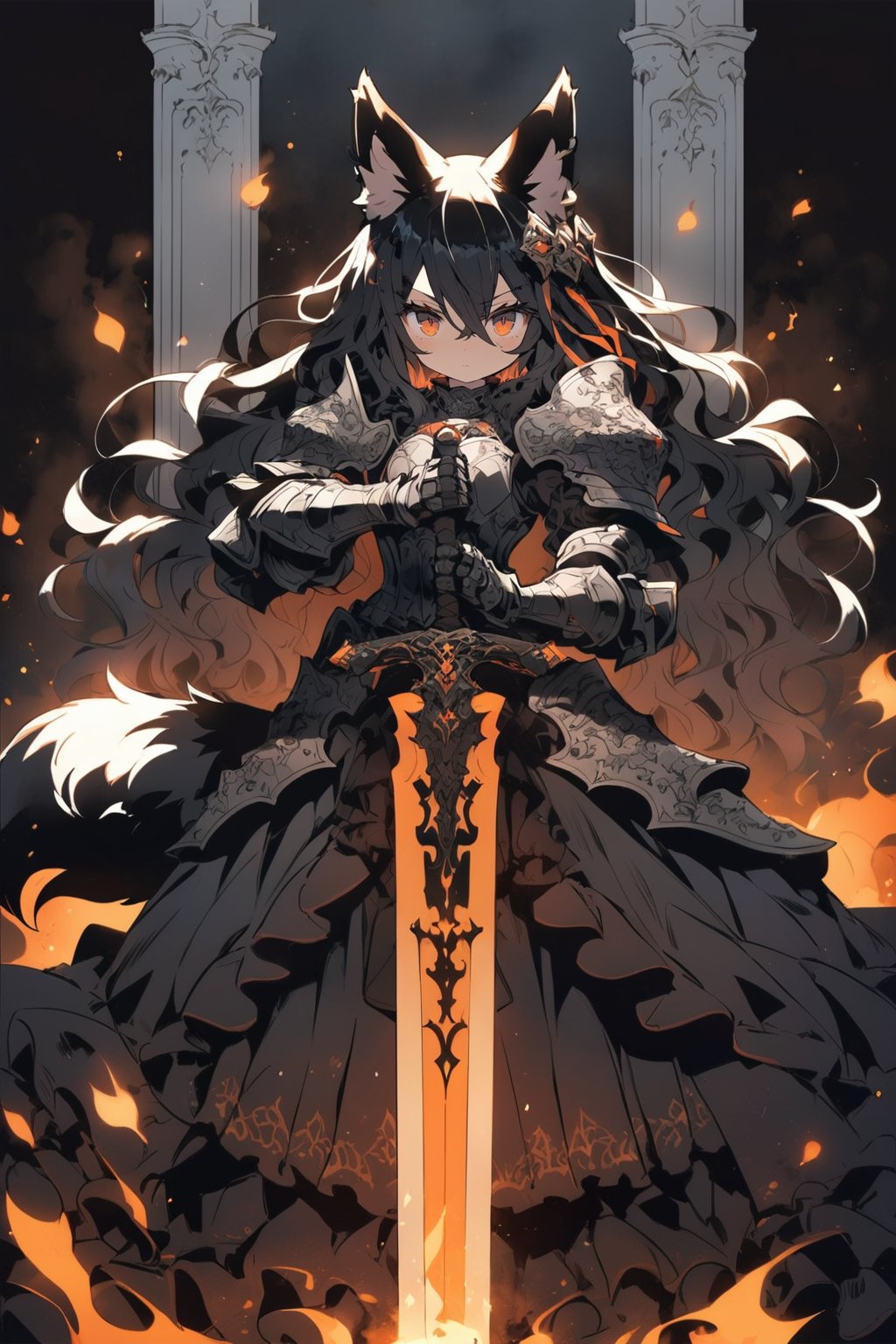 knight, 1girl, animal ears, weapon, sword, tail, solo, black hair, long hair, armor, animal ear fluff, gauntlets, holding, looking at viewer, dress, holding weapon, black dress, standing, holding sword, red eyes, frills, frilled dress, hair between eyes, shoulder armor, fire, closed mouth, orange eyes, planted, pauldrons, fox tail, armored dress, fox ears, armored boots, boots, hair ornament, planted sword, feet out of frame, breastplate, flaming weapon, expressionless, wavy hair, masterpiece, best quality, aesthetic,