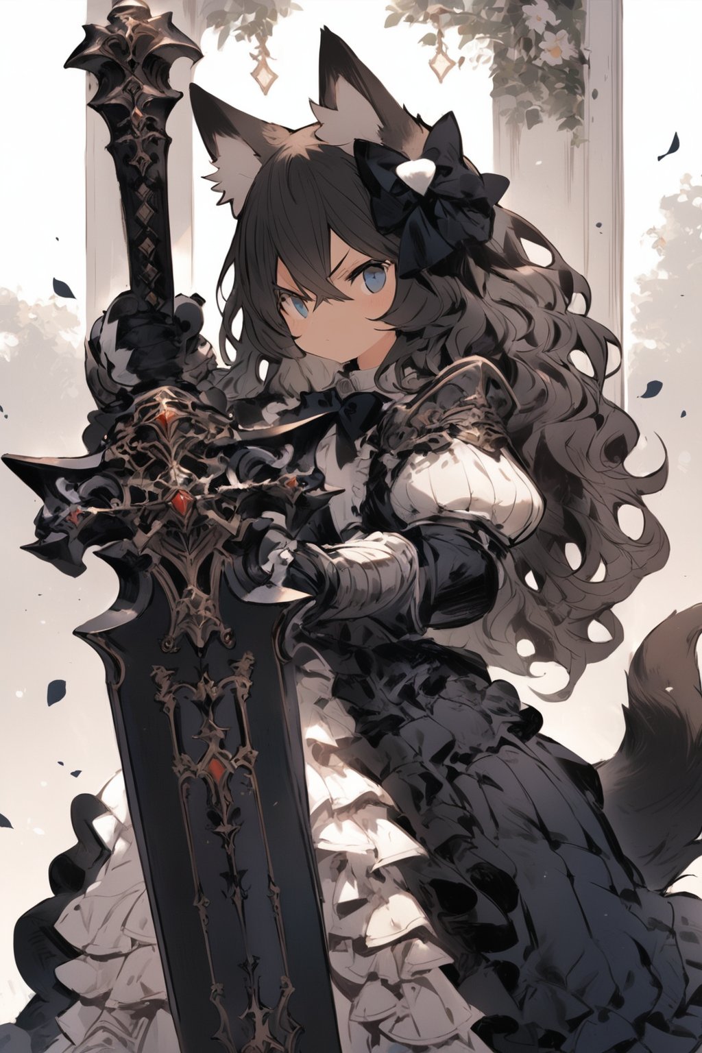 knight, 1girl, animal ears, weapon, sword, dress, solo, tail, long hair, black hair, holding, armor, blue eyes, looking at viewer, holding weapon, black dress, holding sword, hair between eyes, hair bow, bow, closed mouth, animal ear fluff, gauntlets, standing, greatsword, black bow, frills, long dress, long sleeves, hair ornament, armored dress, frilled dress, wavy hair, wolf ears, shoulder armor, expressionless, wolf tail, wolf girl, puffy sleeves, masterpiece, best quality, illustration, 