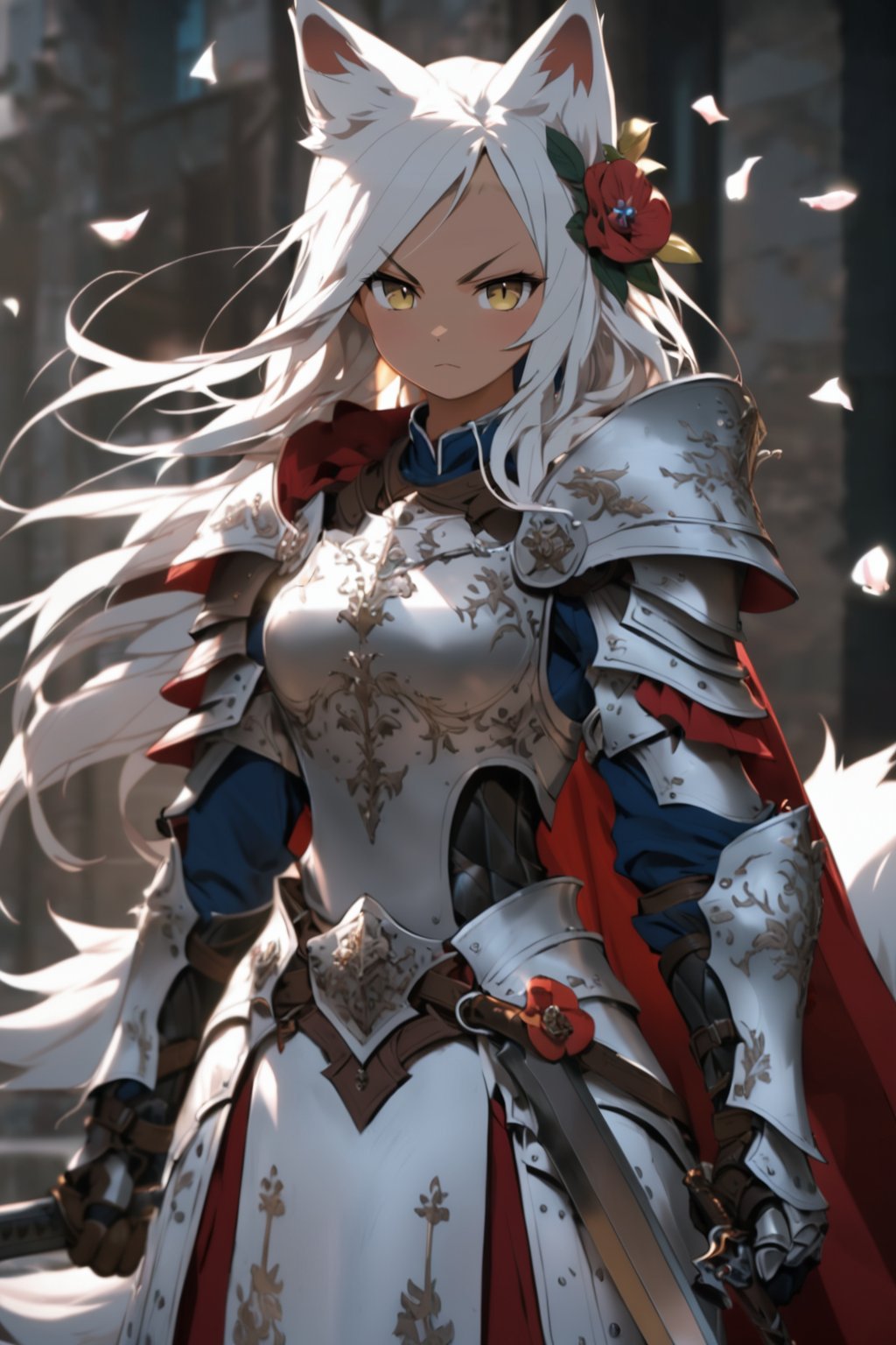 knight, 1girl, weapon, animal ears, armor, sword, long hair, gauntlets, solo, holding weapon, holding, holding sword, yellow eyes, tail, shoulder armor, looking at viewer, fox tail, hair ornament, fox ears, fox girl, cape, animal ear fluff, pauldrons, hair flower, petals, flower, closed mouth, white hair, breastplate, breasts, cowboy shot, serious, dress, standing, v-shaped eyebrows, armored dress, very long hair, masterpiece, best quality, aesthetic,