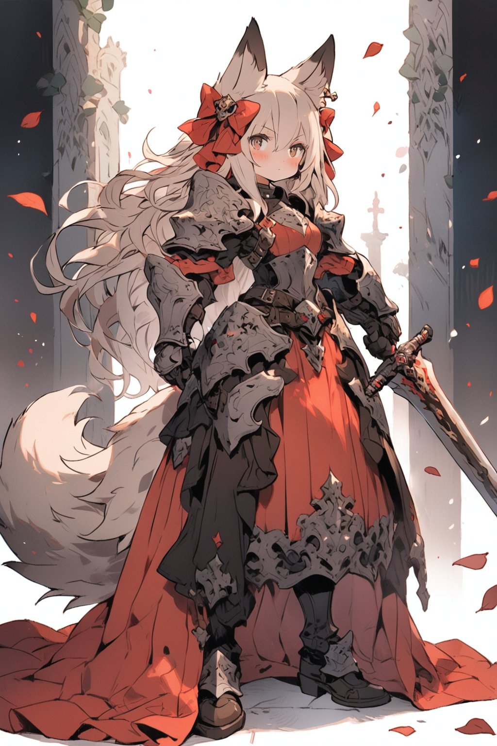 knight, 1girl, weapon, animal ears, sword, solo, tail, long hair, armor, animal ear fluff, full body, looking at viewer, standing, holding, hair between eyes, holding sword, holding weapon, fox tail, planted, gauntlets, closed mouth, dress, shoulder armor, red eyes, fox ears, gloves, bow, planted sword, boots, hand on hilt, black footwear, white hair, armored dress, fox girl, very long hair, pauldrons, petals, belt, blush, brown eyes, hair ornament, red bow, red dress, white background, hair bow, breastplate, breasts, masterpiece, best quality, aesthetic,