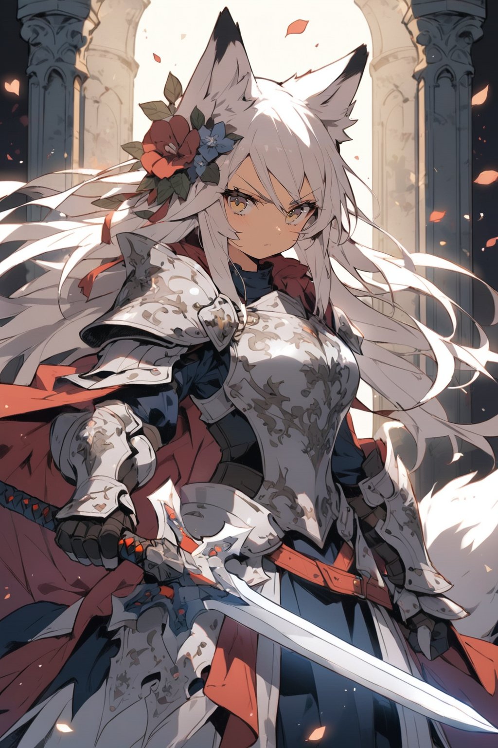 knight, 1girl, weapon, animal ears, armor, sword, long hair, gauntlets, solo, holding weapon, holding, holding sword, yellow eyes, tail, shoulder armor, looking at viewer, fox tail, hair ornament, fox ears, fox girl, cape, animal ear fluff, pauldrons, hair flower, petals, flower, closed mouth, white hair, breastplate, breasts, cowboy shot, serious, dress, standing, v-shaped eyebrows, armored dress, very long hair, masterpiece, best quality, aesthetic,