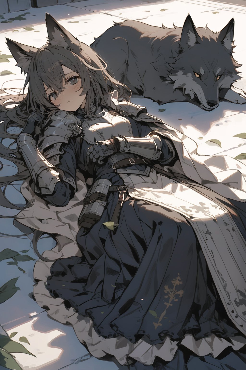 knight, 1girl, wolf ears, lying, masterpiece, best quality, aesthetic,knight