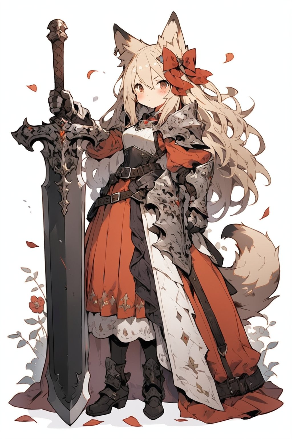 knight, 1girl, weapon, animal ears, sword, solo, tail, long hair, armor, animal ear fluff, full body, looking at viewer, standing, holding, hair between eyes, holding sword, holding weapon, fox tail, planted, gauntlets, closed mouth, dress, shoulder armor, red eyes, fox ears, gloves, bow, planted sword, boots, hand on hilt, black footwear, white hair, armored dress, fox girl, very long hair, pauldrons, petals, belt, blush, brown eyes, hair ornament, red bow, red dress, white background, hair bow, breastplate, breasts, masterpiece, best quality, aesthetic,