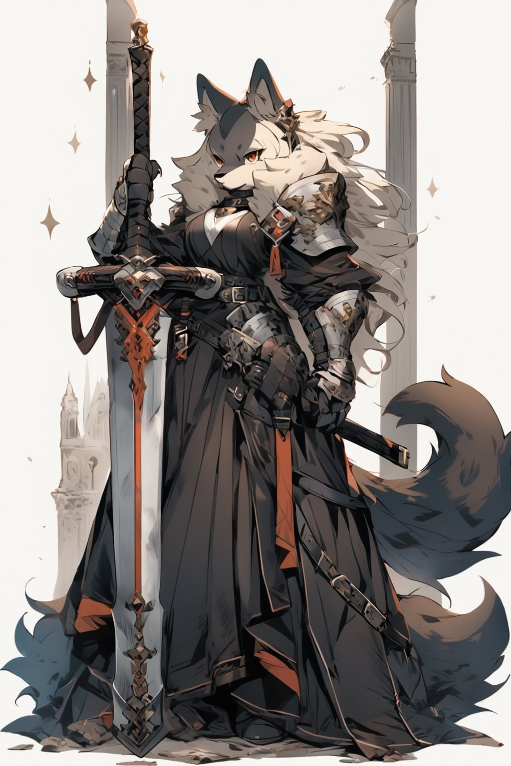 furry, 1girl, weapon, sword, animal ears, gauntlets, solo, long hair, tail, holding, armor, furry female, full body, holding sword, holding weapon, shoulder armor, looking at viewer, belt, pillar, standing, planted sword, breasts, planted, red eyes, hair between eyes, long skirt, skirt, wolf girl, black hair, pauldrons, white background, multiple belts, hand on hilt, dress, wolf tail, jewelry, animal ear fluff, closed mouth, simple background, black skirt, wolf ears, earrings, ear piercing, long dress, black dress, grey hair, smoke, piercing, body fur, very long hair, armored dress, sparkle, large breasts, braidmasterpiece, best quality, illustration,  ,knight