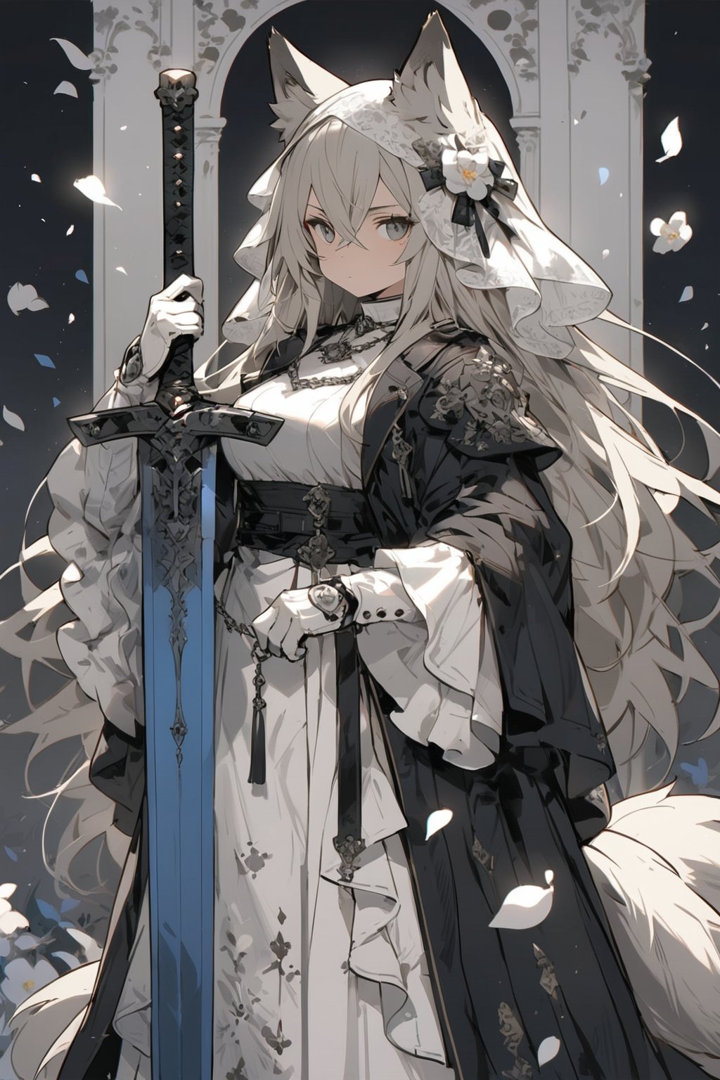 knight, 1girl, weapon, sword, animal ears, solo, holding, long hair, holding sword, dress, holding weapon, gloves, grey eyes, veil, looking at viewer, very long hair, petals, flower, hair between eyes, animal ear fluff, white gloves, long sleeves, wide sleeves, white dress, tail, closed mouth, breasts, white hair, standing, grey hair, frills, white flower, medium breasts, wolf ears, masterpiece, best quality, aesthetic,knight