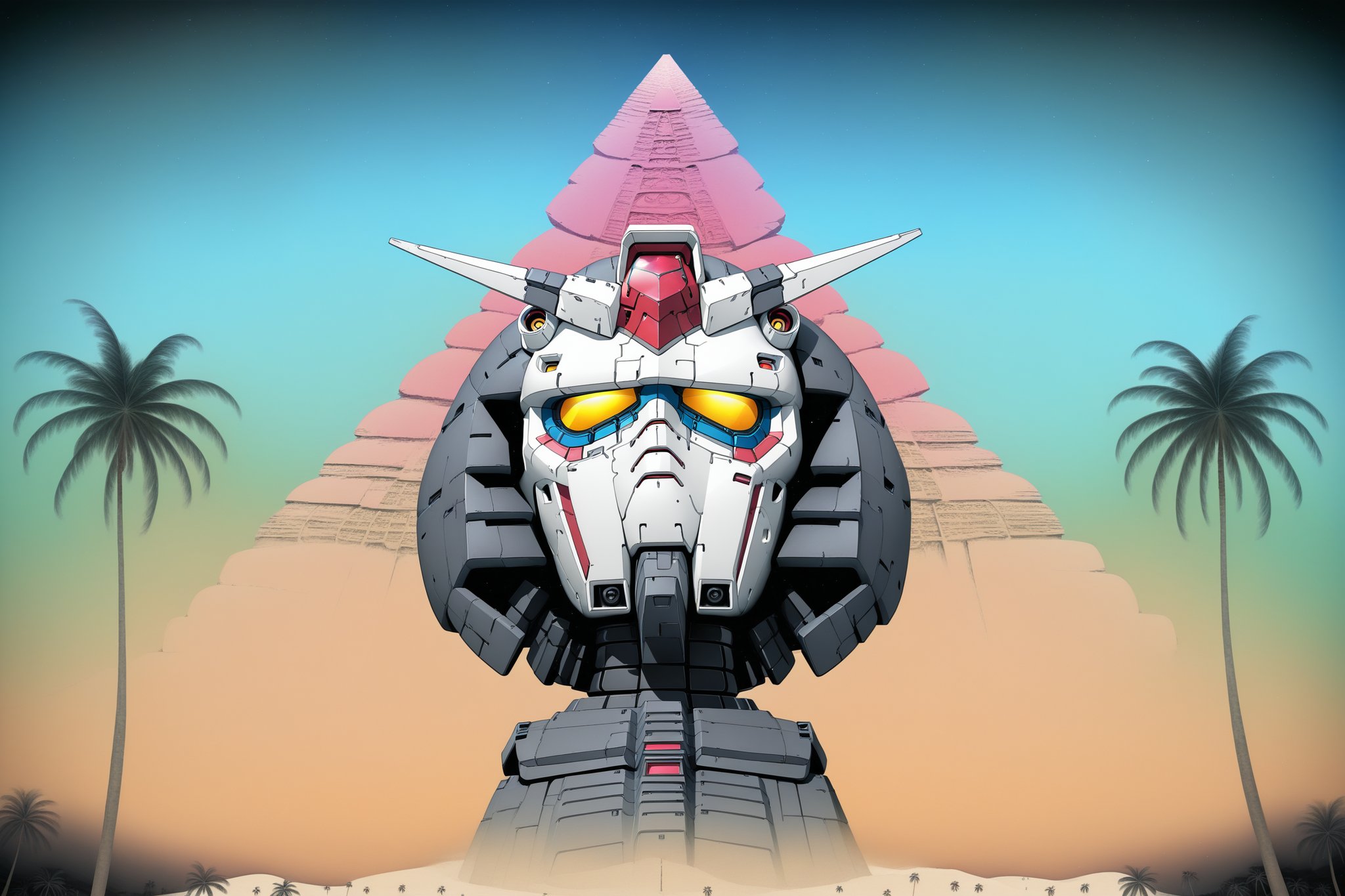 Gundam, gundam head, GUNDAMWAVE, "GUNDAMWAVE", pyramid, palm tree,grandpas.Gundam,digital artwork by Beksinski