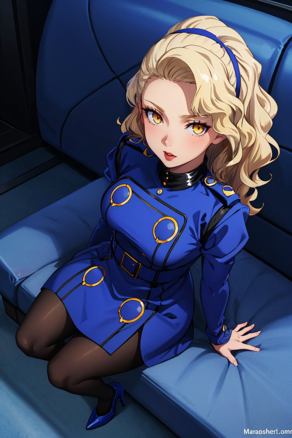 masterpiece, best quality,  <lora:zs_Margaret:1> margaretp4, blonde hair, long hair, yellow eyes, headband, dress, long sleeves, black pantyhose, high heels, lipstick, looking at viewer, sitting, from above, royal blue theme