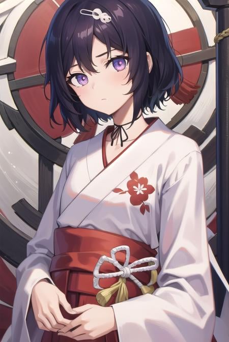 rukaurushibara, <lora:rukatest:1>,ruka urushibara, 1boy, black hair, choker, hair ornament, hairpin, male focus, otoko no ko, (purple eyes:1.1), ribbon, ribbon choker, short hair, skull, skull hair ornament, trap, (flat chest:1.2),BREAK japanese clothes, kimono, hakama, red hakama, (white kimono:1.5), long sleeves,BREAK looking at viewer,BREAK outdoors, shrine,BREAK <lora:GoodHands-vanilla:1>, (masterpiece:1.2), best quality, high resolution, unity 8k wallpaper, (illustration:0.8), (beautiful detailed eyes:1.6), extremely detailed face, perfect lighting, extremely detailed CG, (perfect hands, perfect anatomy),