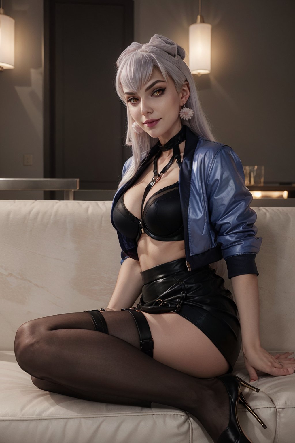 Evekda, white hair, earings, kda attire, black k/da, short blue jacket, bondage bra, skirt, pantyhose, high heels, full body,EVEKDA, perfect light

solo, solo focus, perfect anatomy, ((perfect hands, better hands:1.1)), yellow eyes, sharp jawline, smooth skin, slim body

she is crossing legs,looking perverted, her face look arousedand making a perverted smile, sit on a couch in the strip tease club,kda_evelynn,photorealistic,EVEKDA,