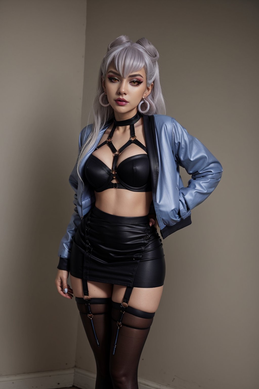 evekda, white hair, earings, kda attire, black k/da, short blue jacket, bondage bra, skirt, pantyhose, high heels, full body,EVEKDA