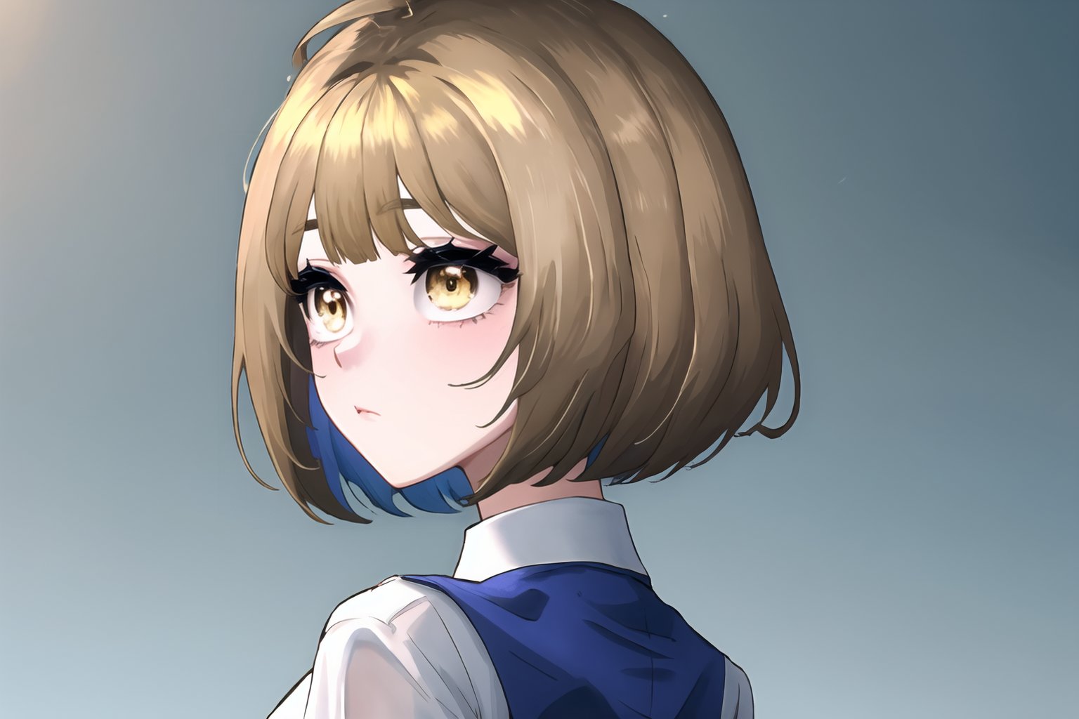 1girl, blonde hair bangs, brown back hair, blue back hair, hair of various colors, yellow eyes, KaZumiMei,anime,Short hair<lora:EMS-327953-EMS:0.900000>