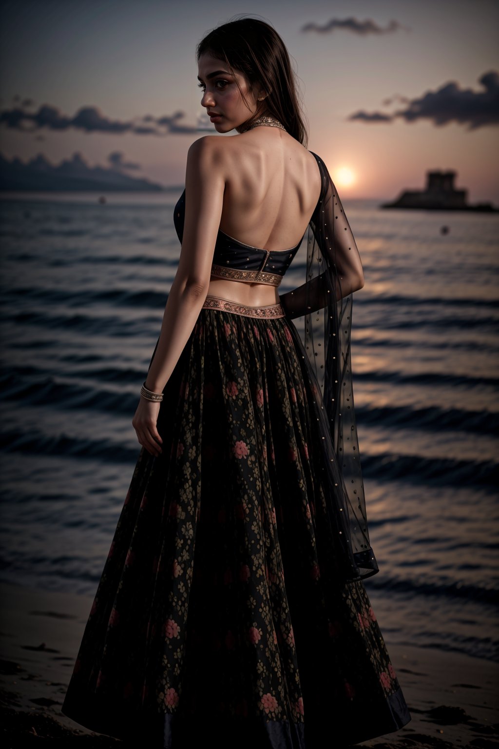 <lora:11black33lehnga33:0.6> 11black33lehnga33, realistic, 1girl, solo, outdoors, beach, long hair, brown hair, jewellery, makeup, dawn