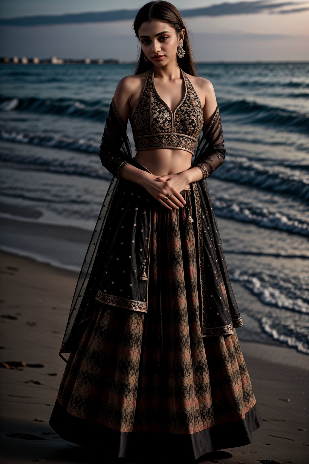 <lora:11black33lehnga33:0.6> 11black33lehnga33, realistic, 1girl, solo, outdoors, beach, long hair, brown hair, jewellery, makeup, dawn