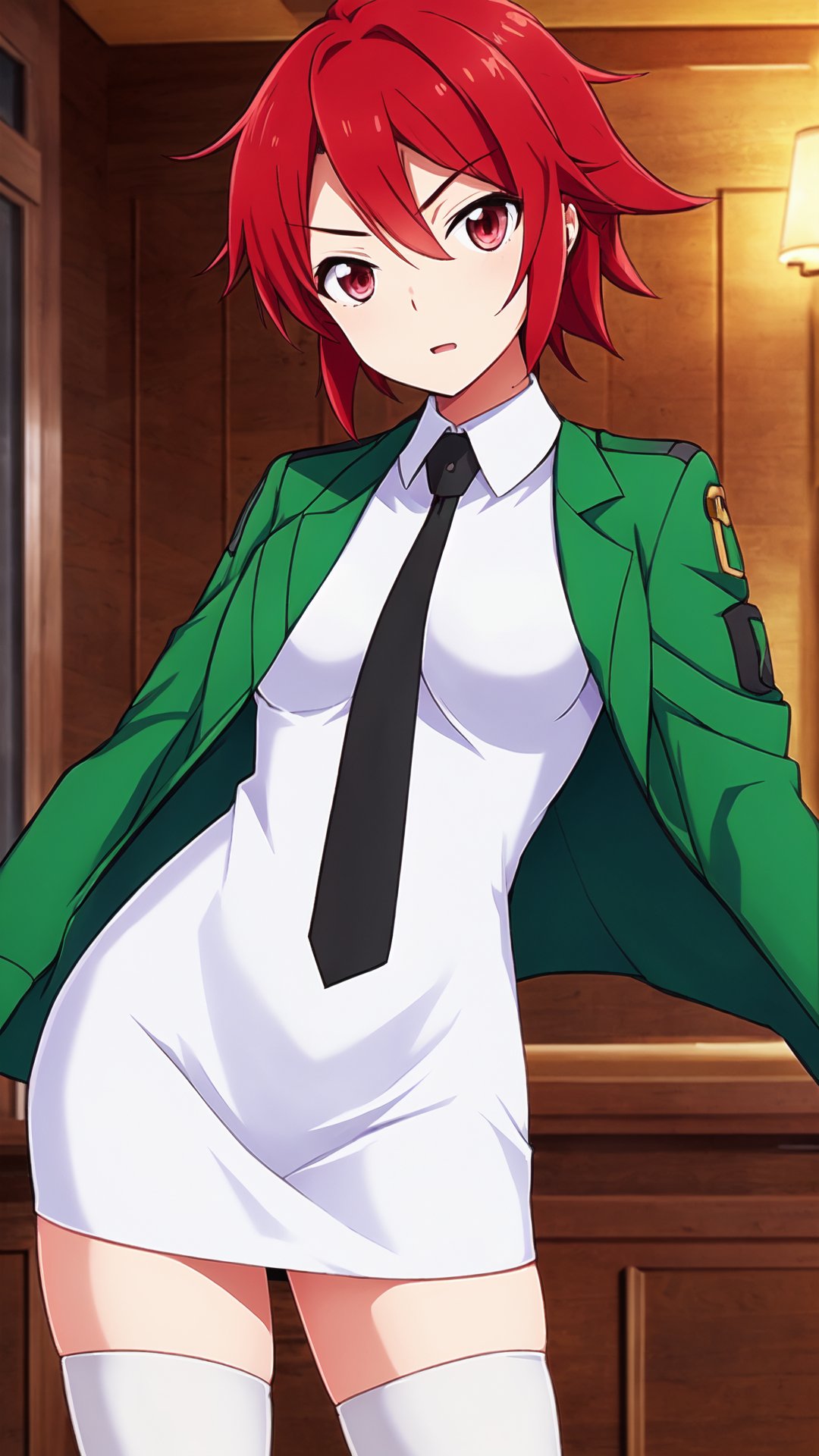 千葉エリカ, red hair, red eyes, big breasts, green jacket, cropped jacket, open jacket, black necktie, white dress, short dress, collared dress, see-through, black thigh highs, white boots,


