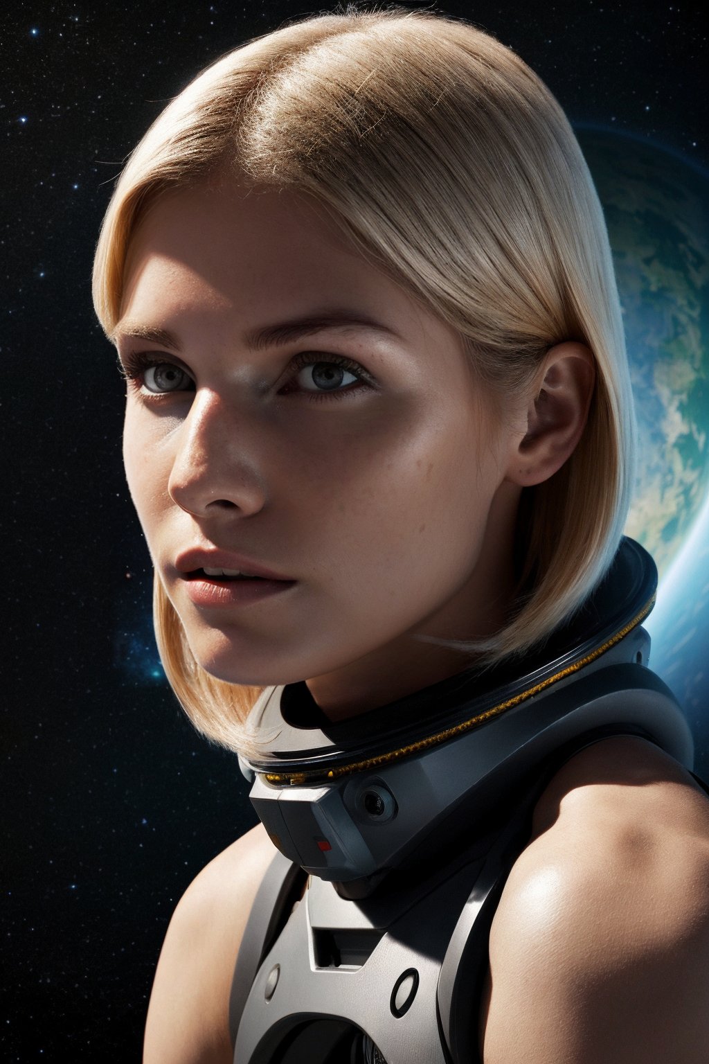 On an alien planet's surface,  wo_iveb01 explores the unknown in advanced space-exploration gear,  reflecting humanity's quest for the cosmos,  blonde,  masterpiece,  high quality,  highres,  photorealistic,  raw,  extremely detail,  extremely detail face,photorealistic