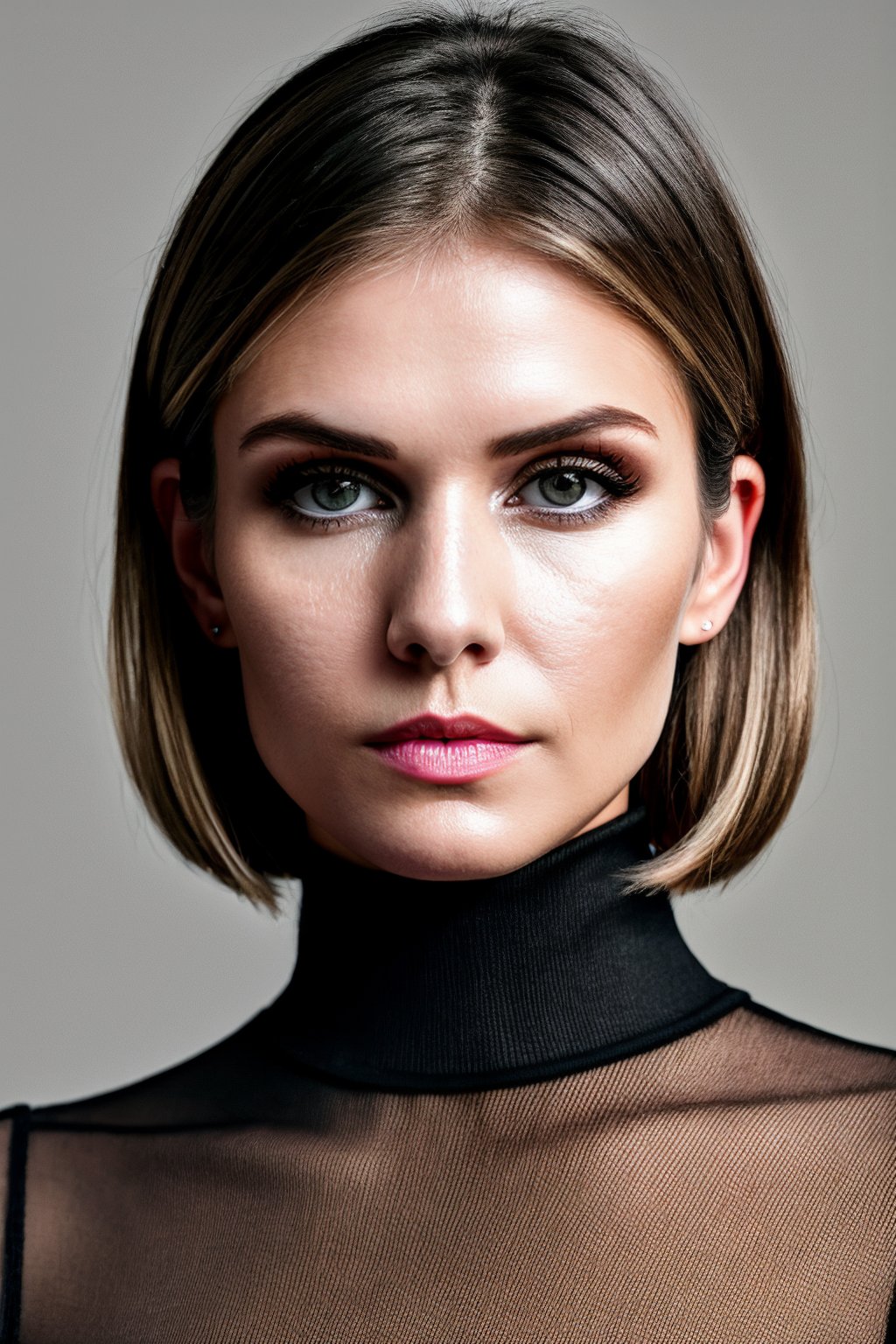 woman,  delicate traits,  Sharp Focus,  (wo_iveb01),  (close-up:0.1),  low key lighting,  shot on Lumix GH5,  cinematic bokeh,  black tight turtleneck shirt,  (gray eyes:0.6),  dark blonde hair,  (simple background:1.2),  sharp cheekbones,  teasing,  detailed skin, Detailedface