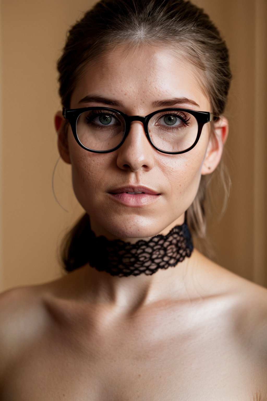 glasses,  Sharp Focus,  wo_iveb01,  (close-up:0.8),  low key lighting,  shot on Lumix GH5,  cinematic bokeh,  lace choker,  (simple background:1.2),  teasing,  detailed skin, perfect skin