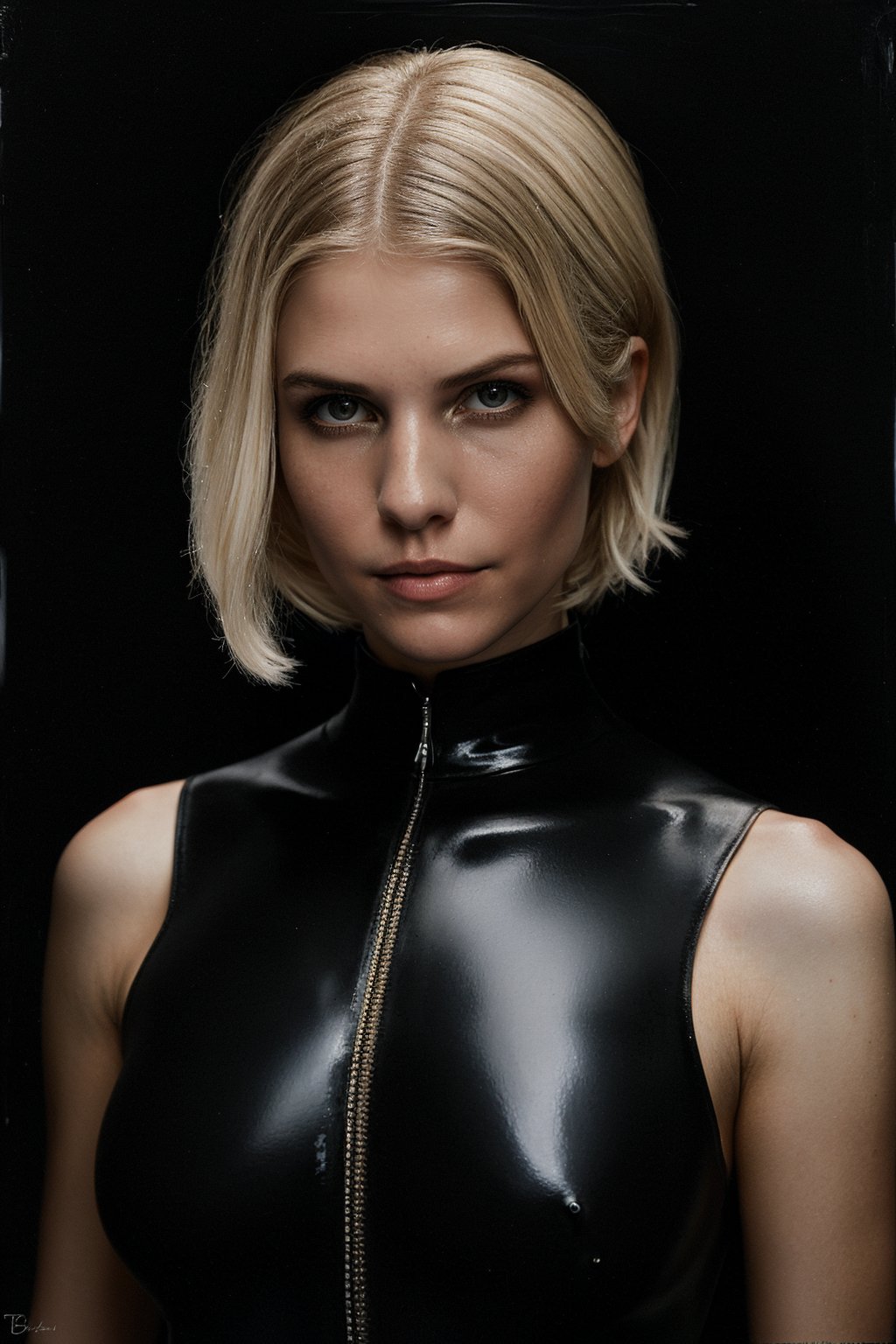painting,  portrait of wo_iveb01,  upper body shot,  (black background:1.2),  her hair is tied and light blonde,  slight smile,  wearing a black tightsuit,  (style of Tom Bagshaw:1.2)