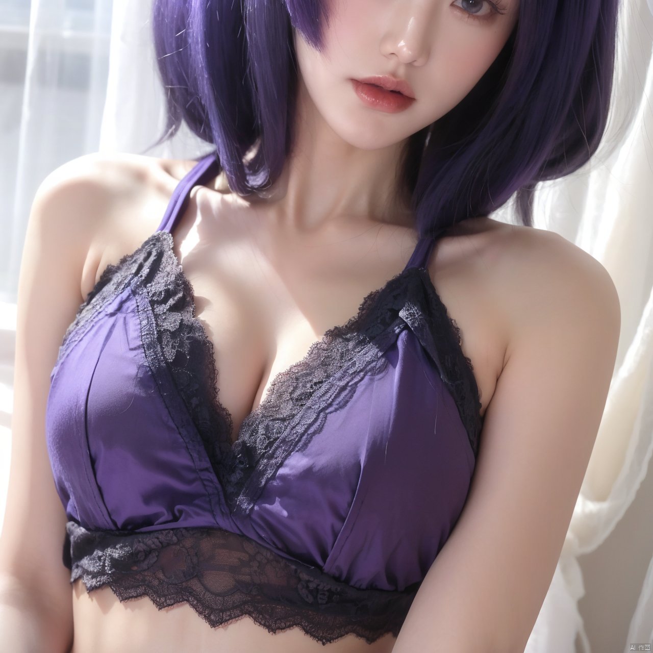  A Girl With Purple Hair, Cute, A Girl With Purple Hair,Close-up, midriff, halter. Lace