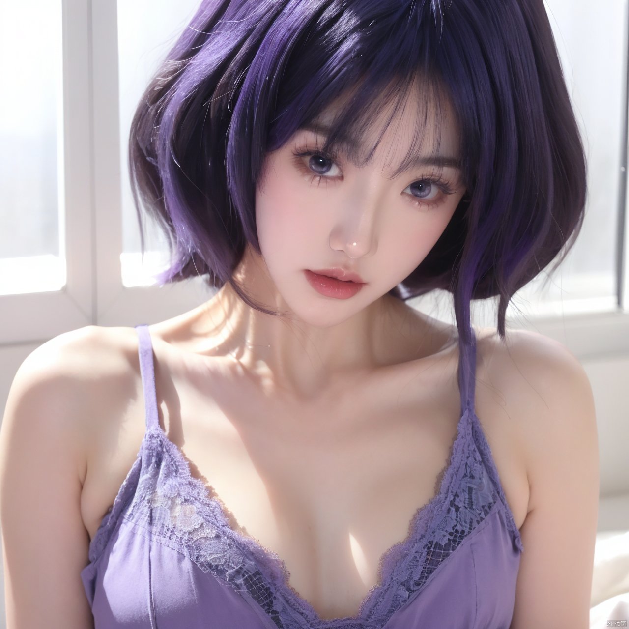  A Girl With Purple Hair, Cute, A Girl With Purple Hair,Close-up, midriff, halter. Lace