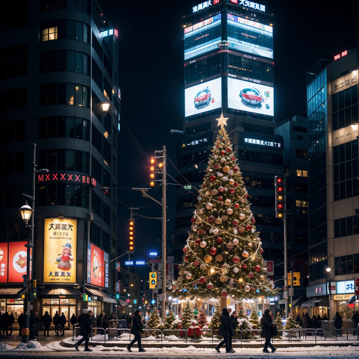 (No People), Unattended, No One, Landscape, Winter, Christmas, City, Tokyo, Sidewalk, Snow, Light Up, Night, HD Detail, Ultra Detail, Film, Hyper Realism, Soft Light, Deep Focus Bokeh, Ray Tracing, Art Station pixivgwise, Makoto Shinkai, Art Germ